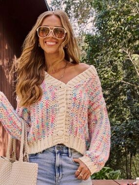 Vici Cream Multicolor Chunky Crochet V-Neck Button Cardigan